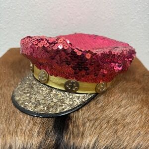 Vintage Hooray Henri Womens Captain Hat Pink Sequin Beaded Anchor Gold Trim Glam
